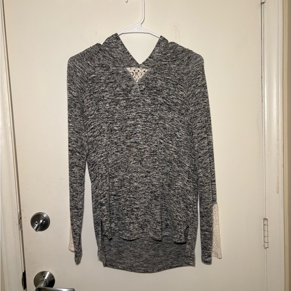 Gray Hooded Sweater with Cream Accents